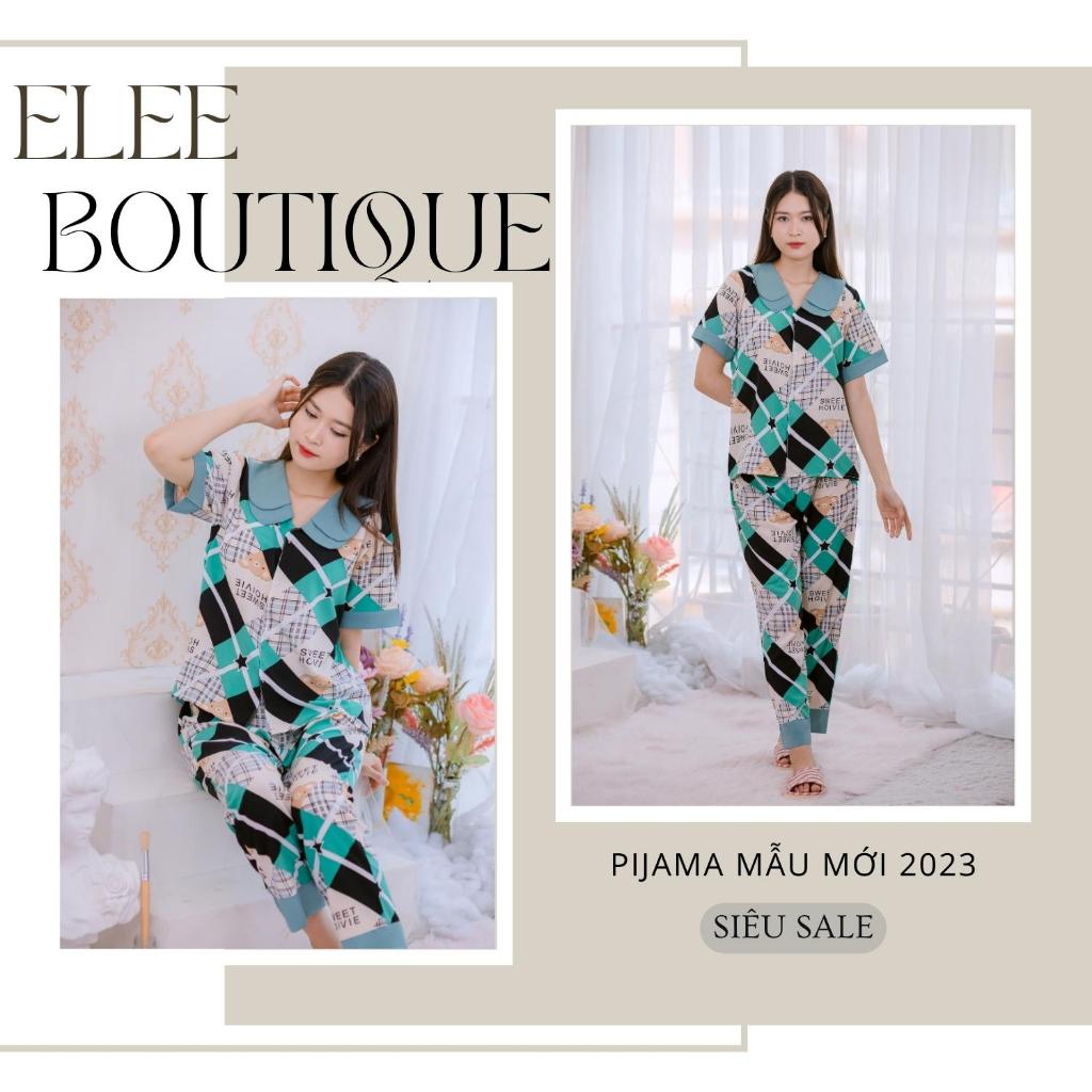 Pijama lụa nữ cao cấp, đồ ngủ nữ mặc ở nhà siêu xinh họa tiết kẻ xanh đen