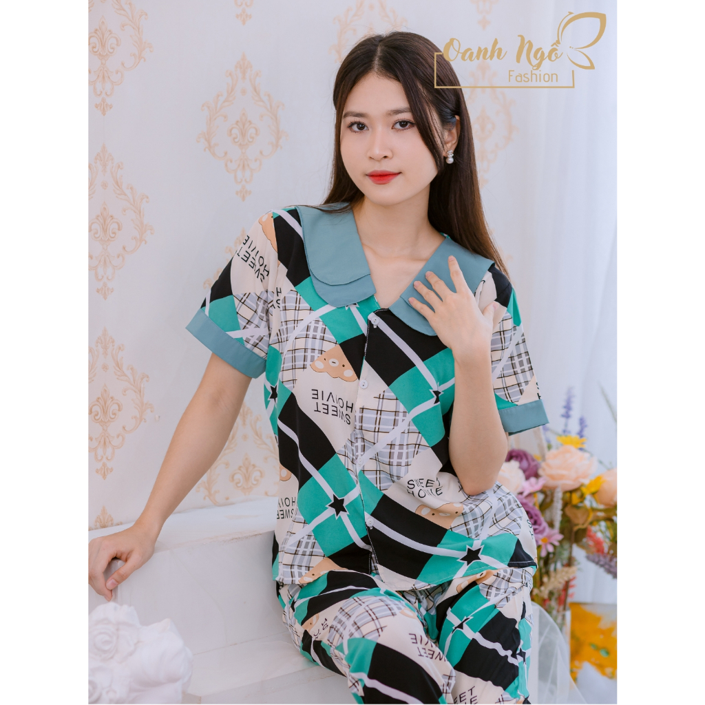 Đồ ngủ nữ mặc ở nhà họa tiết kẻ xanh đen siêu xinh, đồ bộ pijama lụa nữ cao cấp mềm mại