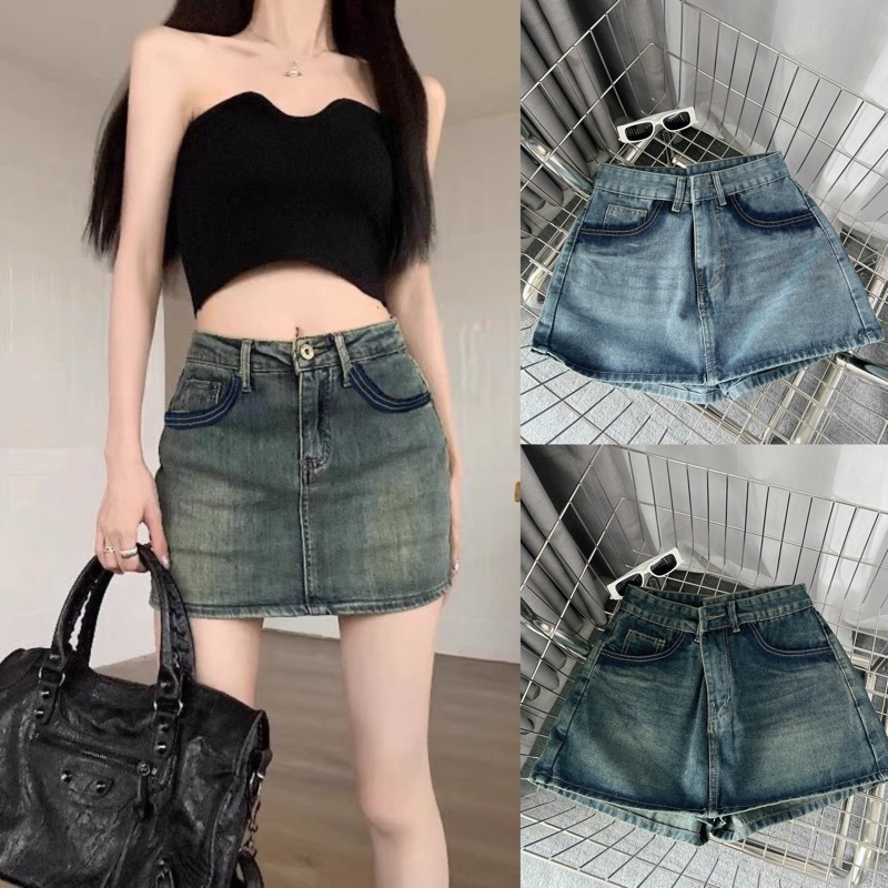 Quần Đùi Giả Váy Bigsize  Túi Wash Màu Thời Trang, Chân Váy Jean Nữ Form Chữ A Ms2020