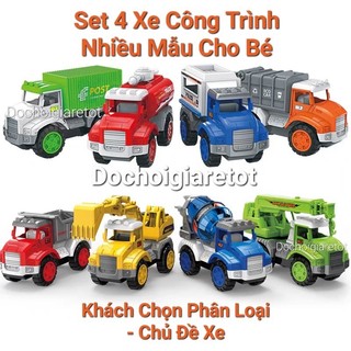 Set 4 xe mô hình ô tô, cẩu, xe bồn bê tông chạy đà mô phỏng bộ xe công trình