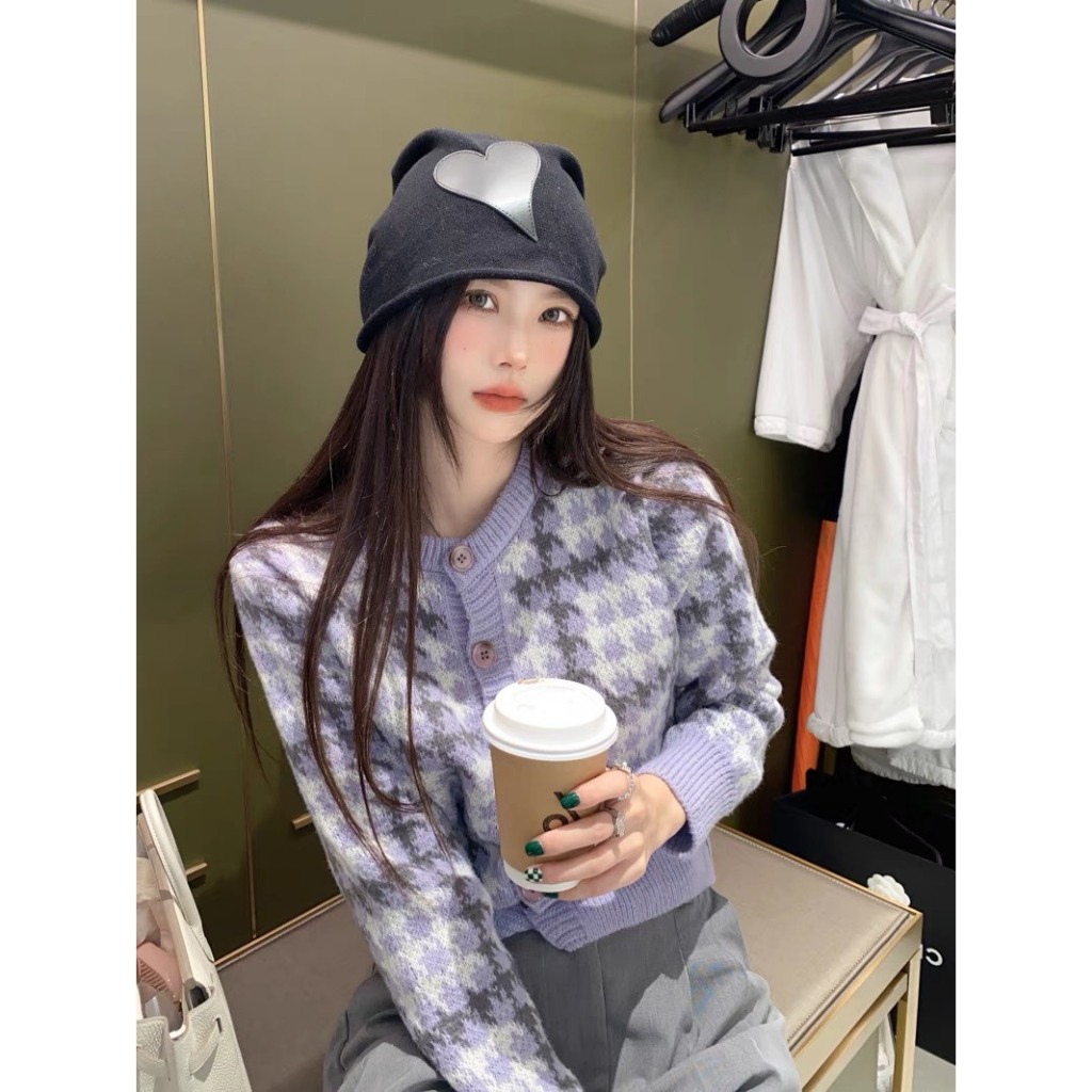 Áo Cardigan Len Kẻ Tím Pastel Trendy 2023 Áo Len Nữ