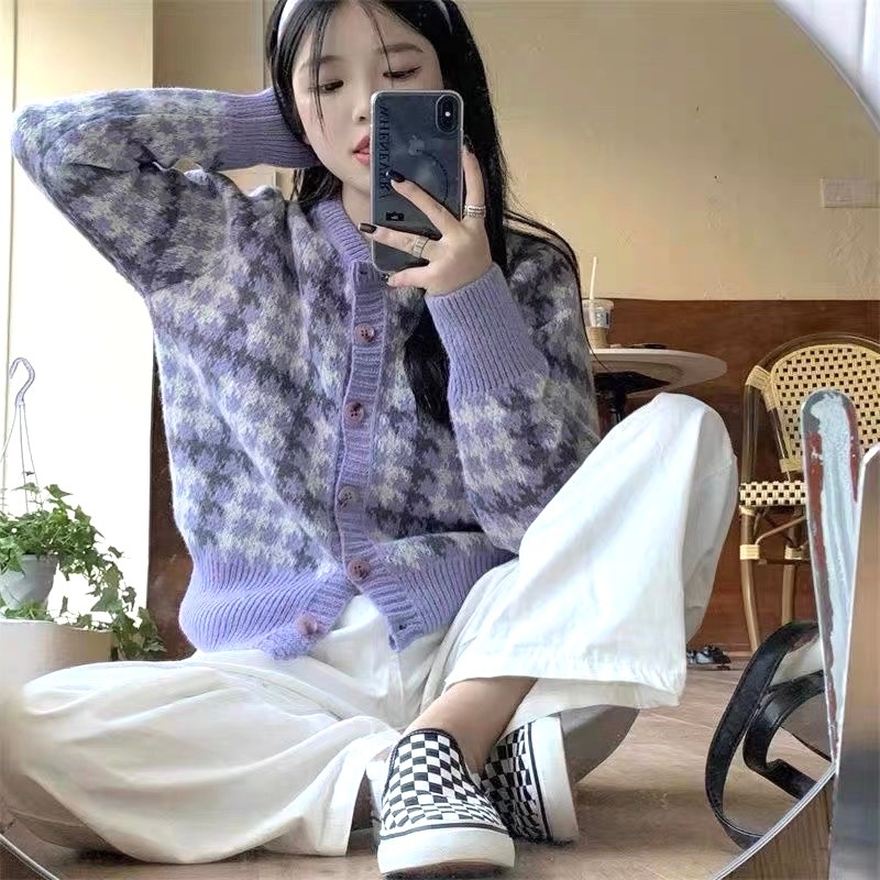 Áo Cardigan Len Kẻ Tím Pastel Trendy 2023 Áo Len Nữ