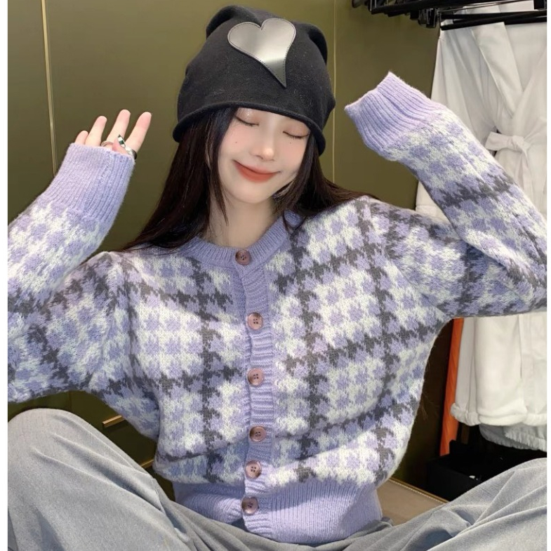 Áo Cardigan Len Kẻ Tím Pastel Trendy 2023 Áo Len Nữ