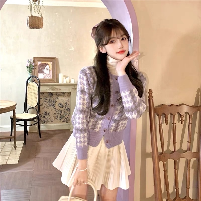 Áo Cardigan Len Kẻ Tím Pastel Trendy 2023 Áo Len Nữ