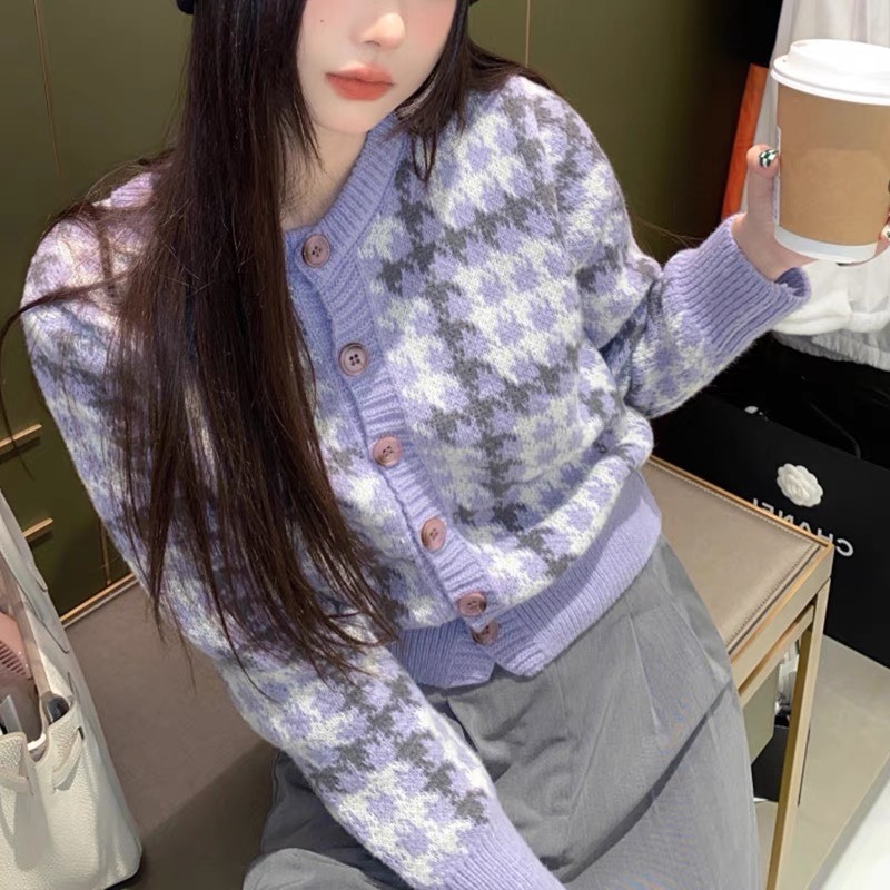 Áo Cardigan Len Kẻ Tím Pastel Trendy 2023 Áo Len Nữ