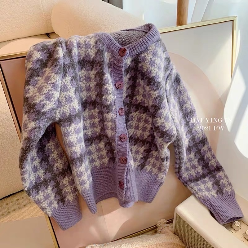Áo Cardigan Len Kẻ Tím Pastel Trendy 2023 Áo Len Nữ
