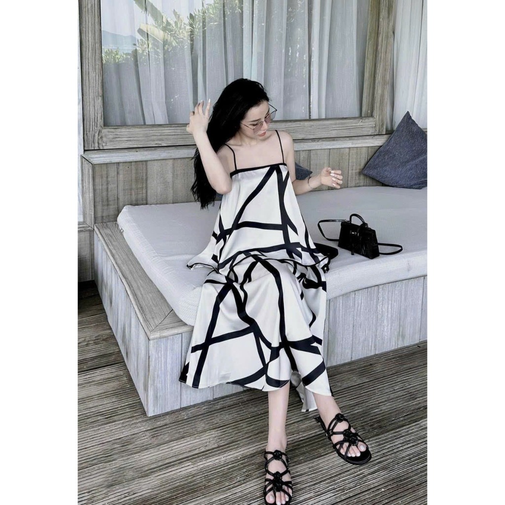 Set áo lụa 2 dây phối chân váy hoạ tiết kẻ siêu sang M2-99