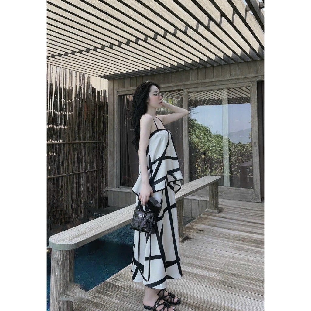 Set áo lụa 2 dây phối chân váy hoạ tiết kẻ siêu sang M2-99