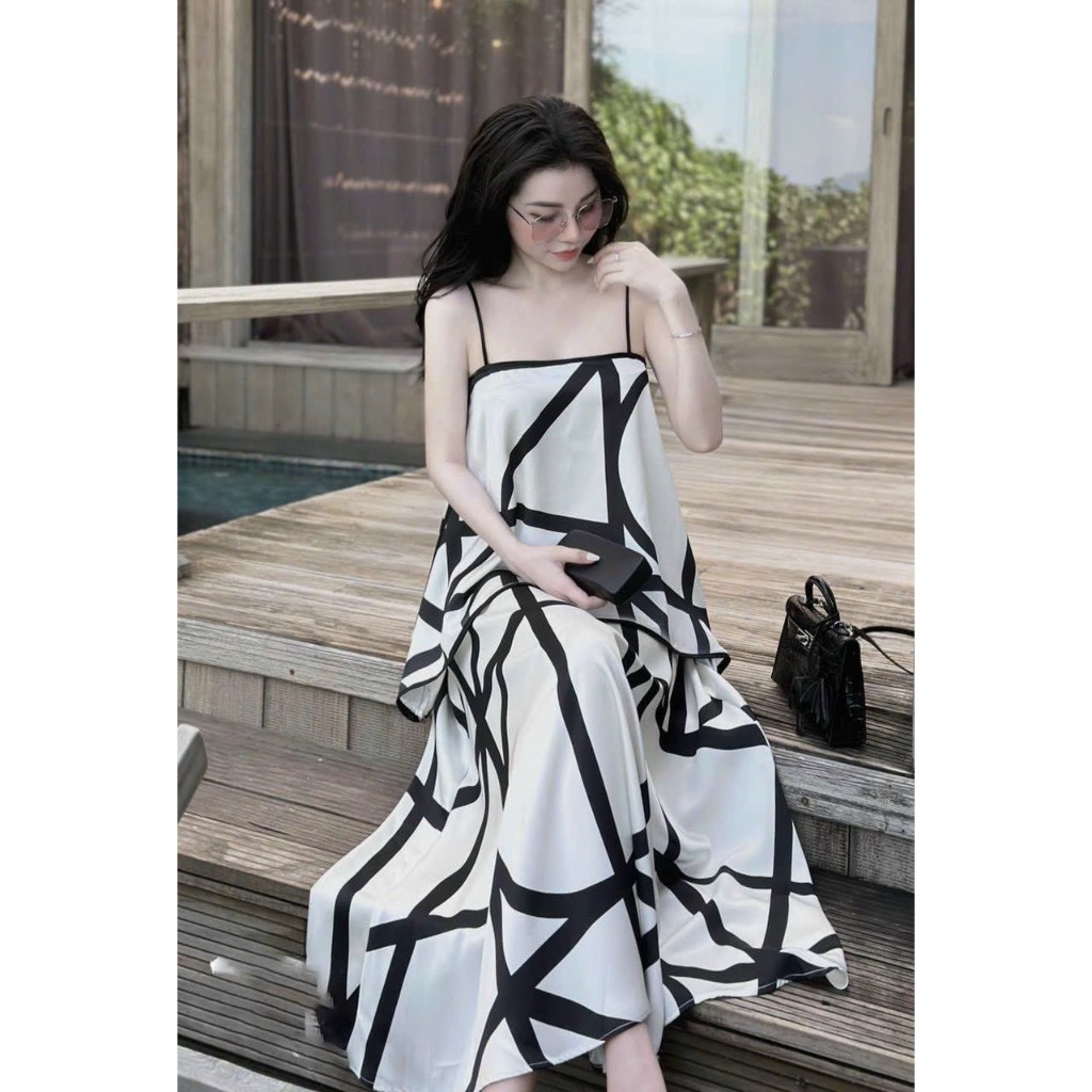 Set áo lụa 2 dây phối chân váy hoạ tiết kẻ siêu sang M2-99