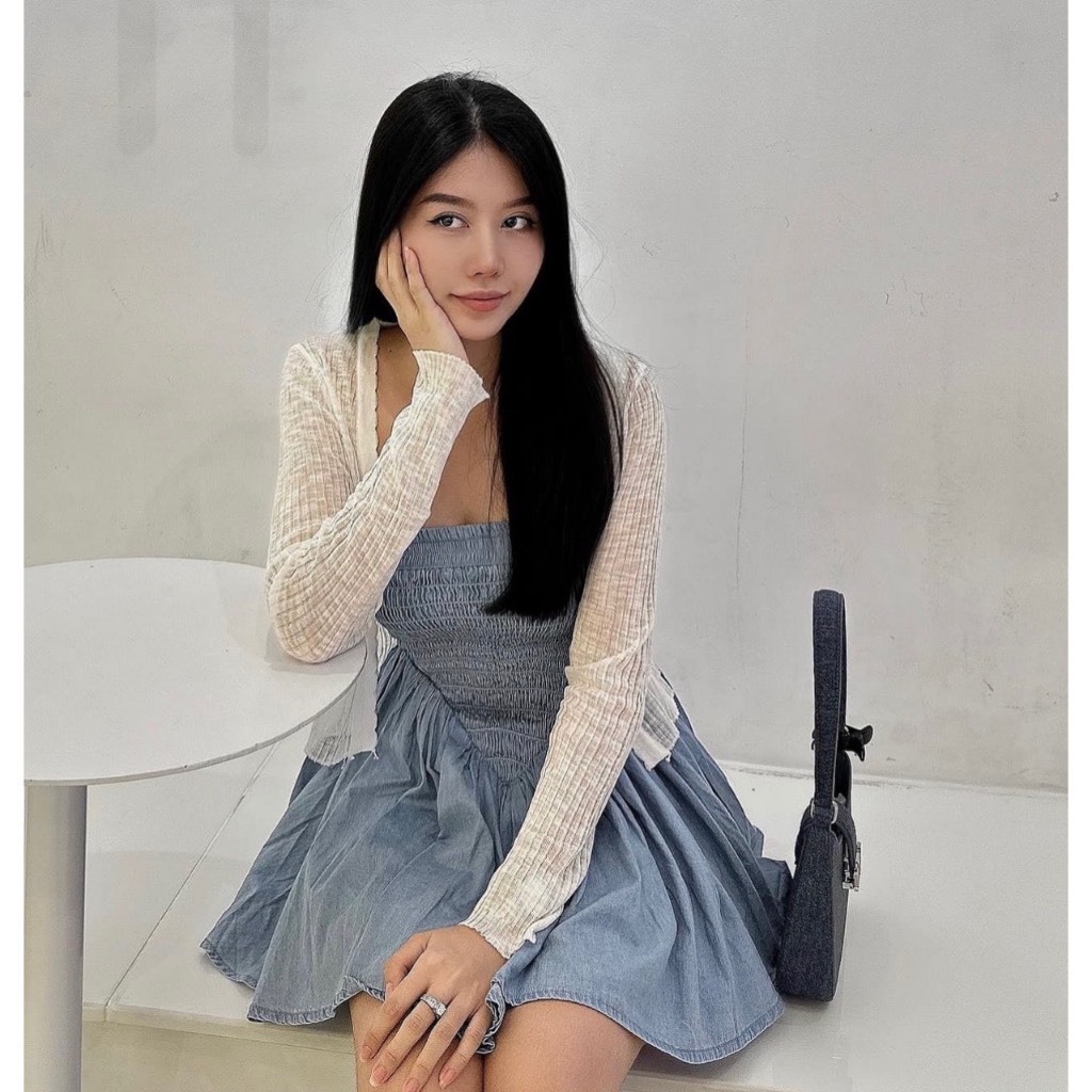 Set đầm jean ống xanh nhún mocking dáng xoè kèm áo khoác ren lưới hot trend M2-101