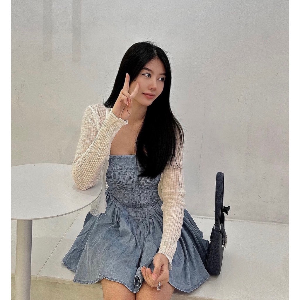 Set đầm jean ống xanh nhún mocking dáng xoè kèm áo khoác ren lưới hot trend M2-101