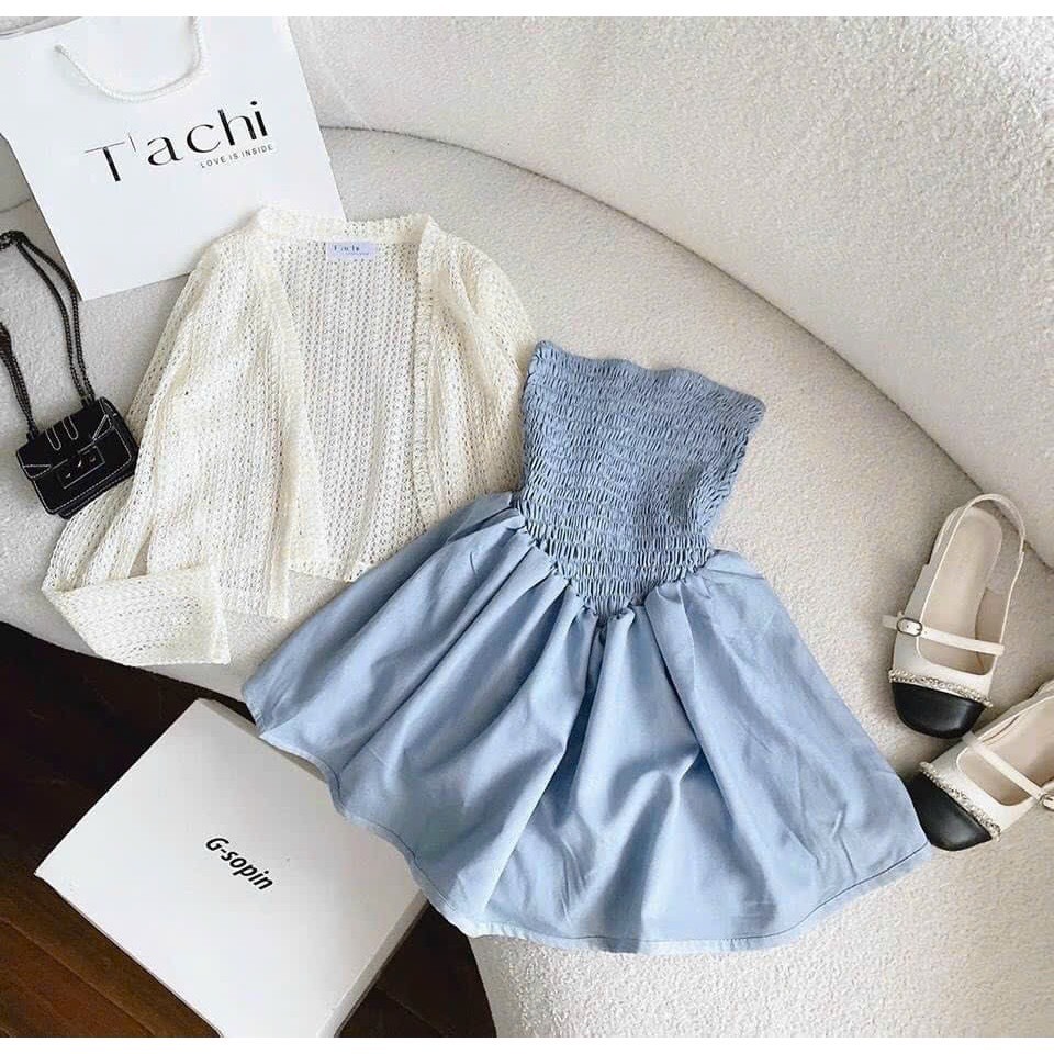 Set đầm jean ống xanh nhún mocking dáng xoè kèm áo khoác ren lưới hot trend M2-101