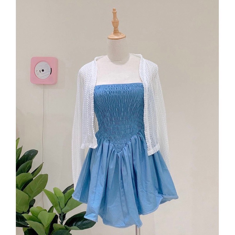 Set đầm jean ống xanh nhún mocking dáng xoè kèm áo khoác ren lưới hot trend M2-101