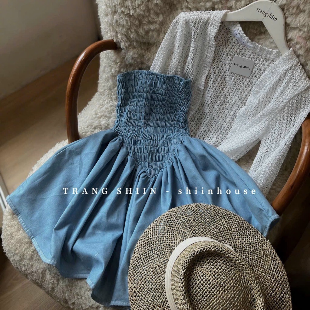 Set đầm jean ống xanh nhún mocking dáng xoè kèm áo khoác ren lưới hot trend M2-101