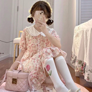 Đầm Baby Doll Hoa Nhí Cổ Búp Bê, Phối Cúc Thắt Eo, Phong Cách Nhật