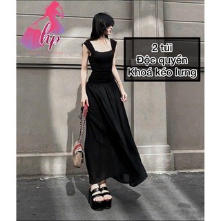 Đầm hai dây bản to body dáng dài, váy nữ không mút nhún sườn cột nơ lưng dự tiệc G238