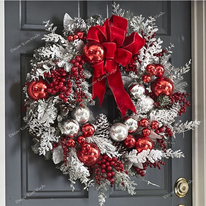 Vòng hoa Noel D143 55CM Vòng Tuyết Đỏ Trang Trí Noel Vòng Nguyệt Quế Giáng Sinh Có Đèn
