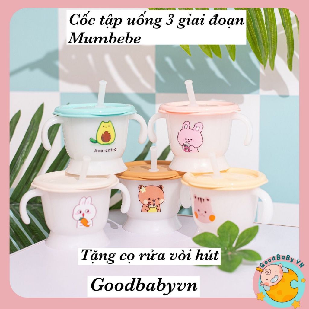 Tặng cọ rửa ống hút Cốc tập uống, tập hút 3 giai đoạn Mumbebe cho bé có