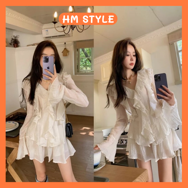 Set váy áo bèo tay dài cúc ngọc,set bộ đồ nữ áo bèo có dây buộc tôn dáng kèm chân váy 2 lớp có lót trong HB99 HMStyle