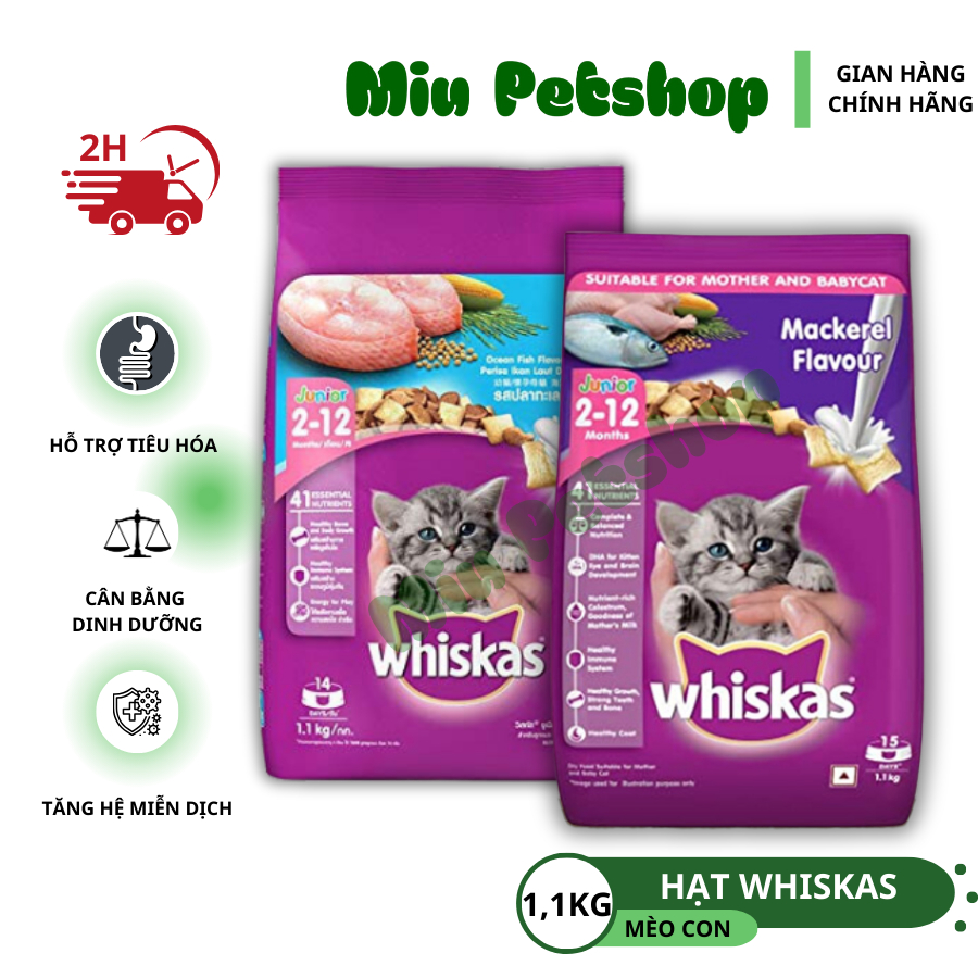 Thức ăn hạt whiskas cho mèo con 1.1kg và mèo trưởng thành whiskas 1.2kg