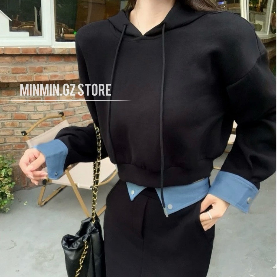 Set áo nỉ có nón mix chân váy midi dài lưng bẻ phối denim, Bộ set áo váy thun phối jean mấu mới thới trang năm nay.