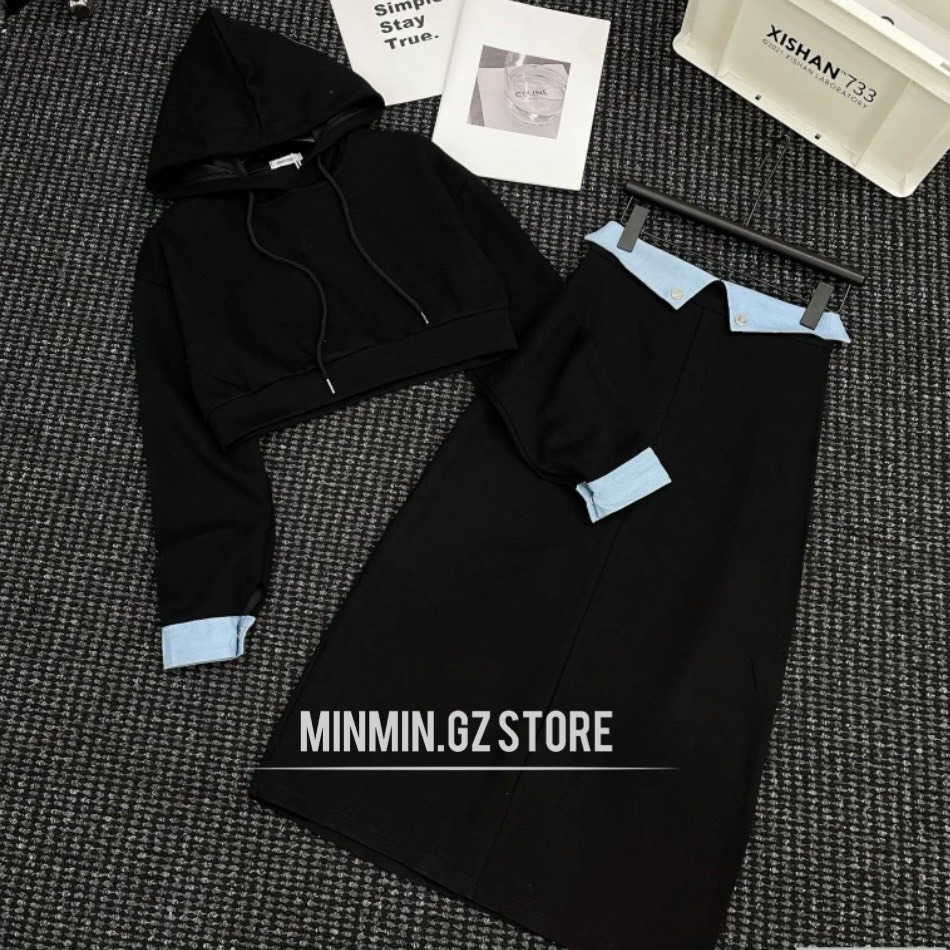 Set áo nỉ có nón mix chân váy midi dài lưng bẻ phối denim, Bộ set áo váy thun phối jean mấu mới thới trang năm nay.