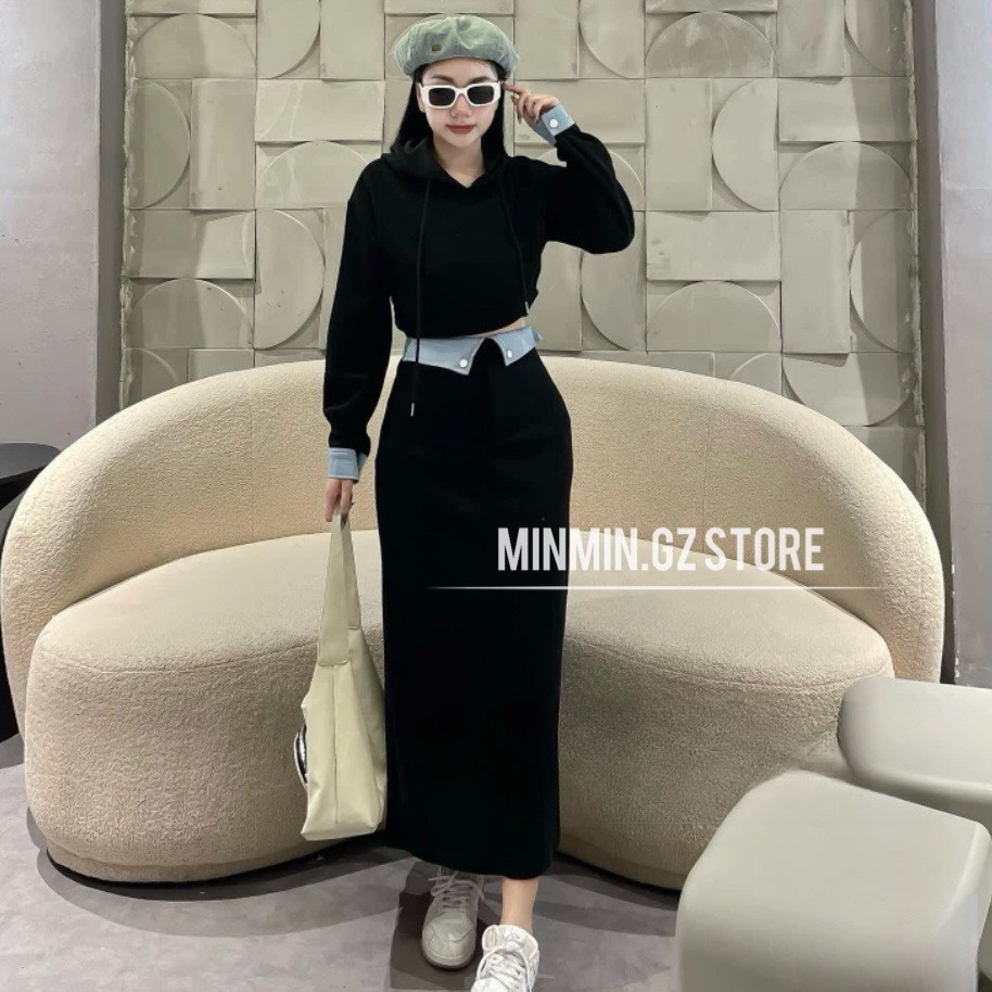 Set áo nỉ có nón mix chân váy midi dài lưng bẻ phối denim, Bộ set áo váy thun phối jean mấu mới thới trang năm nay.