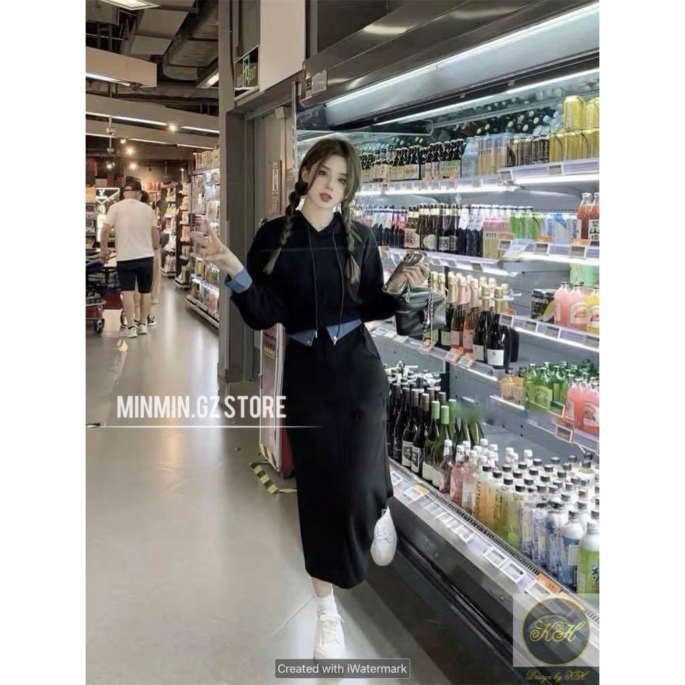 Set áo nỉ có nón mix chân váy midi dài lưng bẻ phối denim, Bộ set áo váy thun phối jean mấu mới thới trang năm nay.