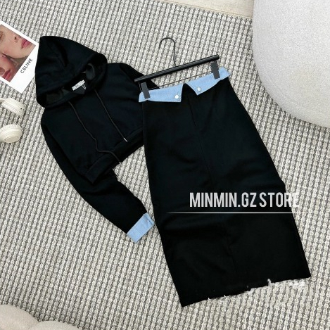 Set áo nỉ có nón mix chân váy midi dài lưng bẻ phối denim, Bộ set áo váy thun phối jean mấu mới thới trang năm nay.