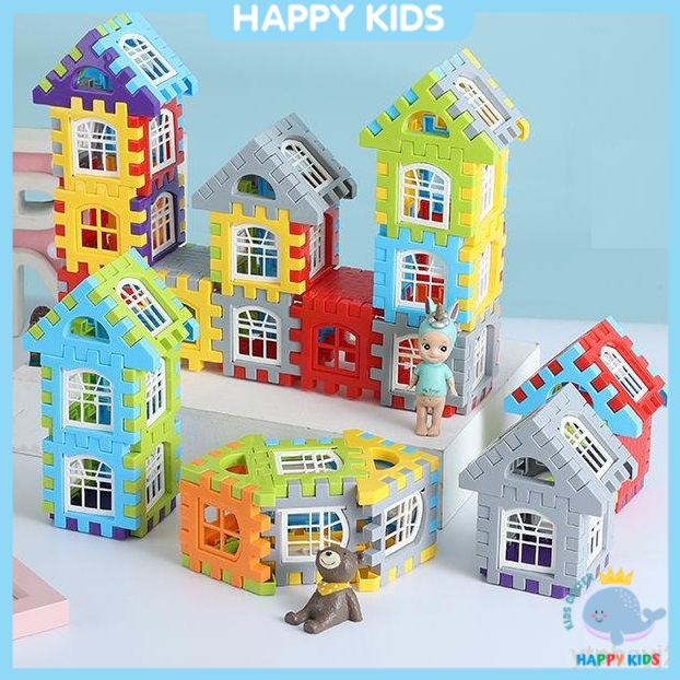 Xếp hình lắp ghép nhà khối 3D có thể mở cửa sổ HAPPY-KIDS Nhà khối biệt thự xây dựng bằng nhựa
