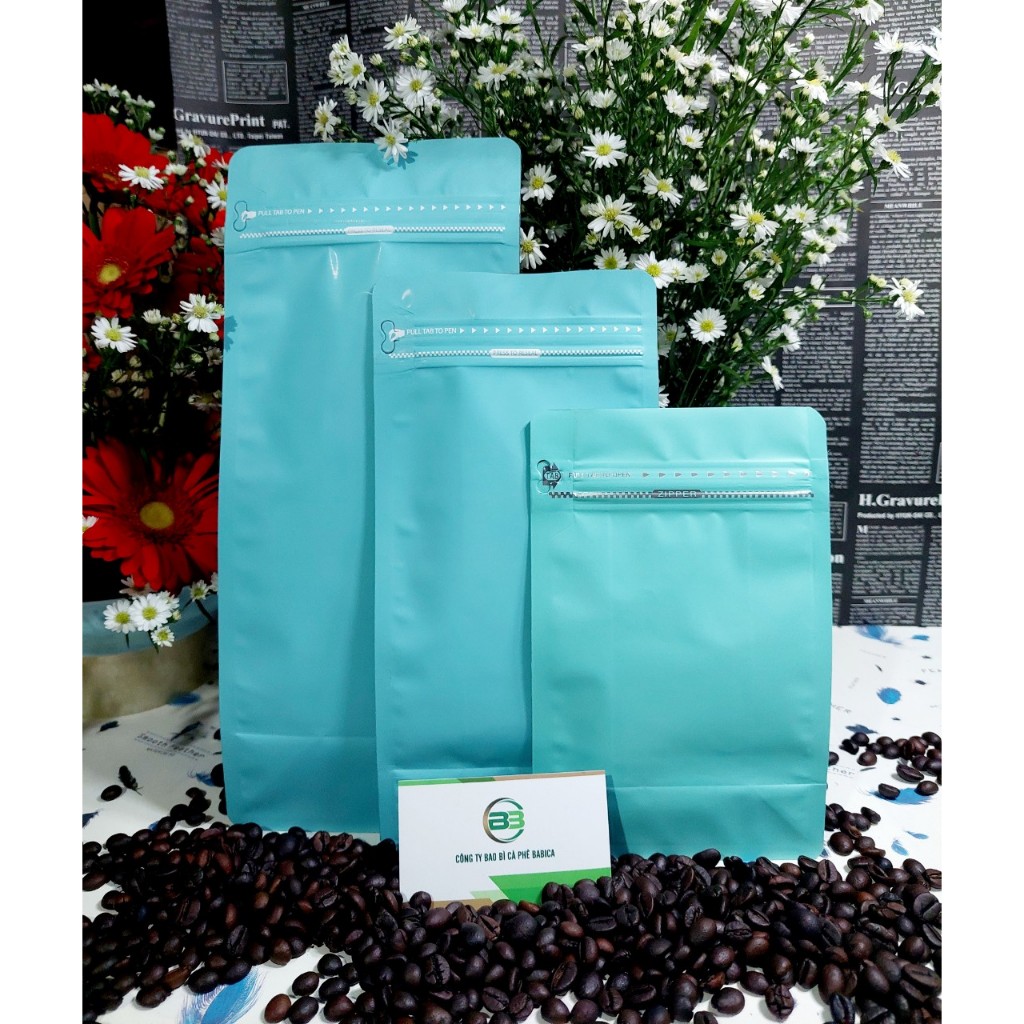 50 Túi zipper 8 cạnh Xanh ngọc có van 1 chiều chuyên đựng cà phê BaBiCa.