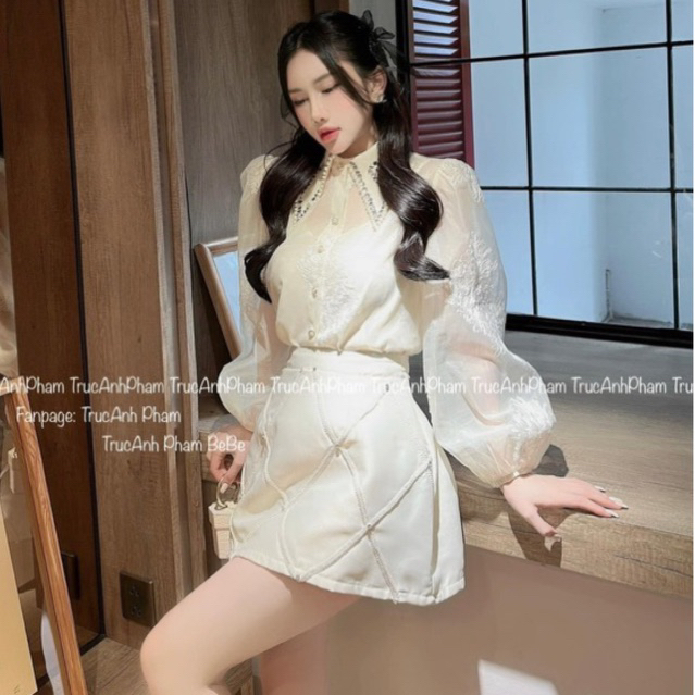 CAILYBOUTIQUE | Set áo tơ thêu hoa đính đá mix chân váy viền caro tiểu thư