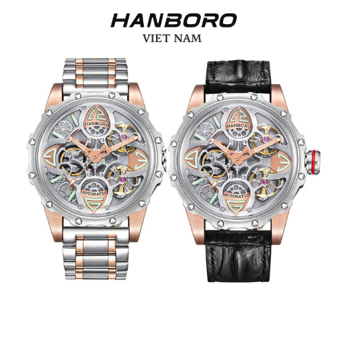 Đồng hồ nam Hanboro Huboler automatic dây da đen silver 42mm chính hãng