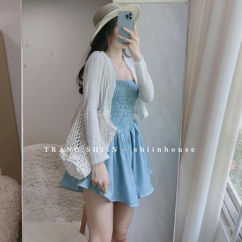 Set Bộ 2 Món: Váy 2 Dây Nhún Ngực Body Xòe + Áo Khoác Croptop Ren Với Tone Trắng - Xanh Xinh Xắn