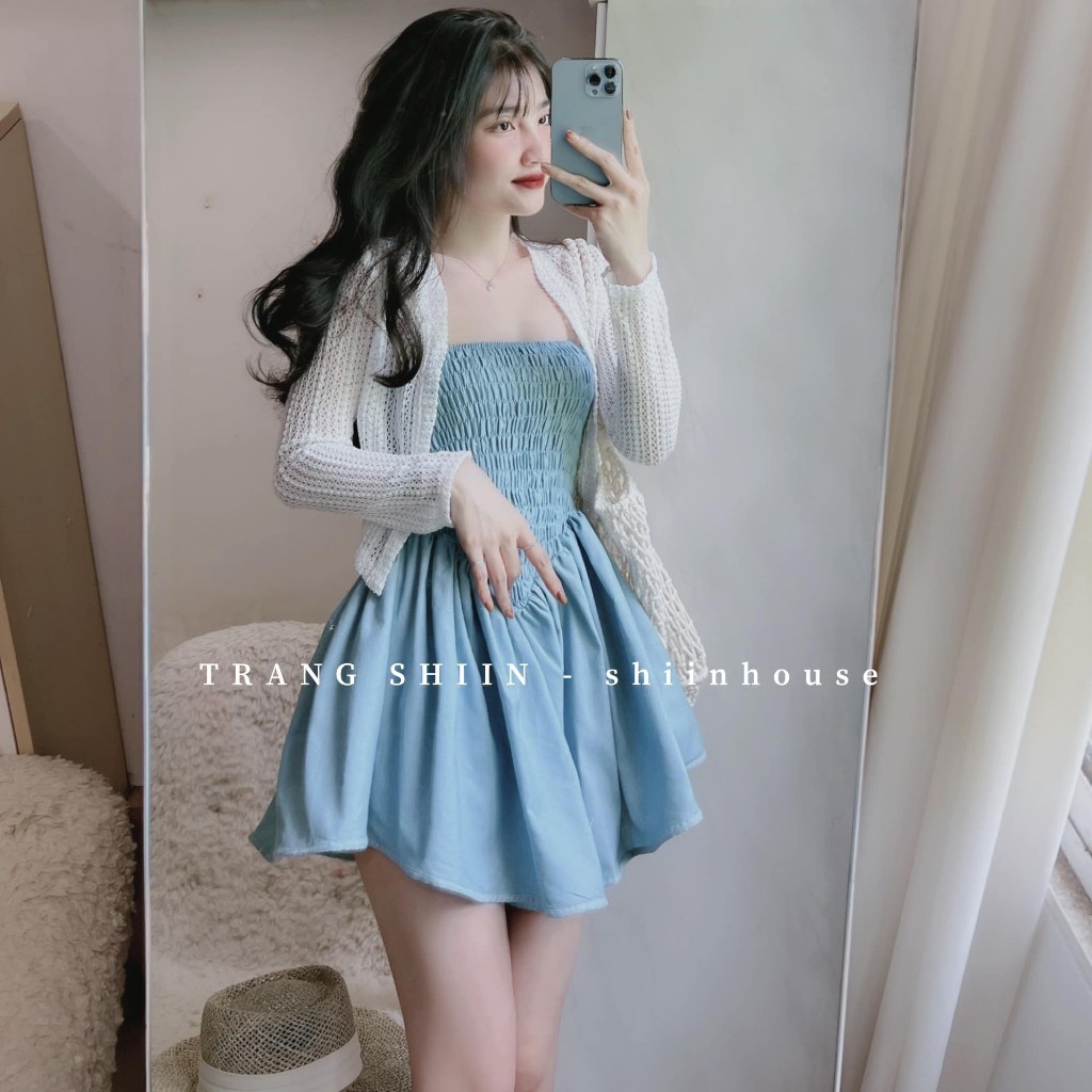 Set Bộ 2 Món: Váy 2 Dây Nhún Ngực Body Xòe + Áo Khoác Croptop Ren Với Tone Trắng - Xanh Xinh Xắn