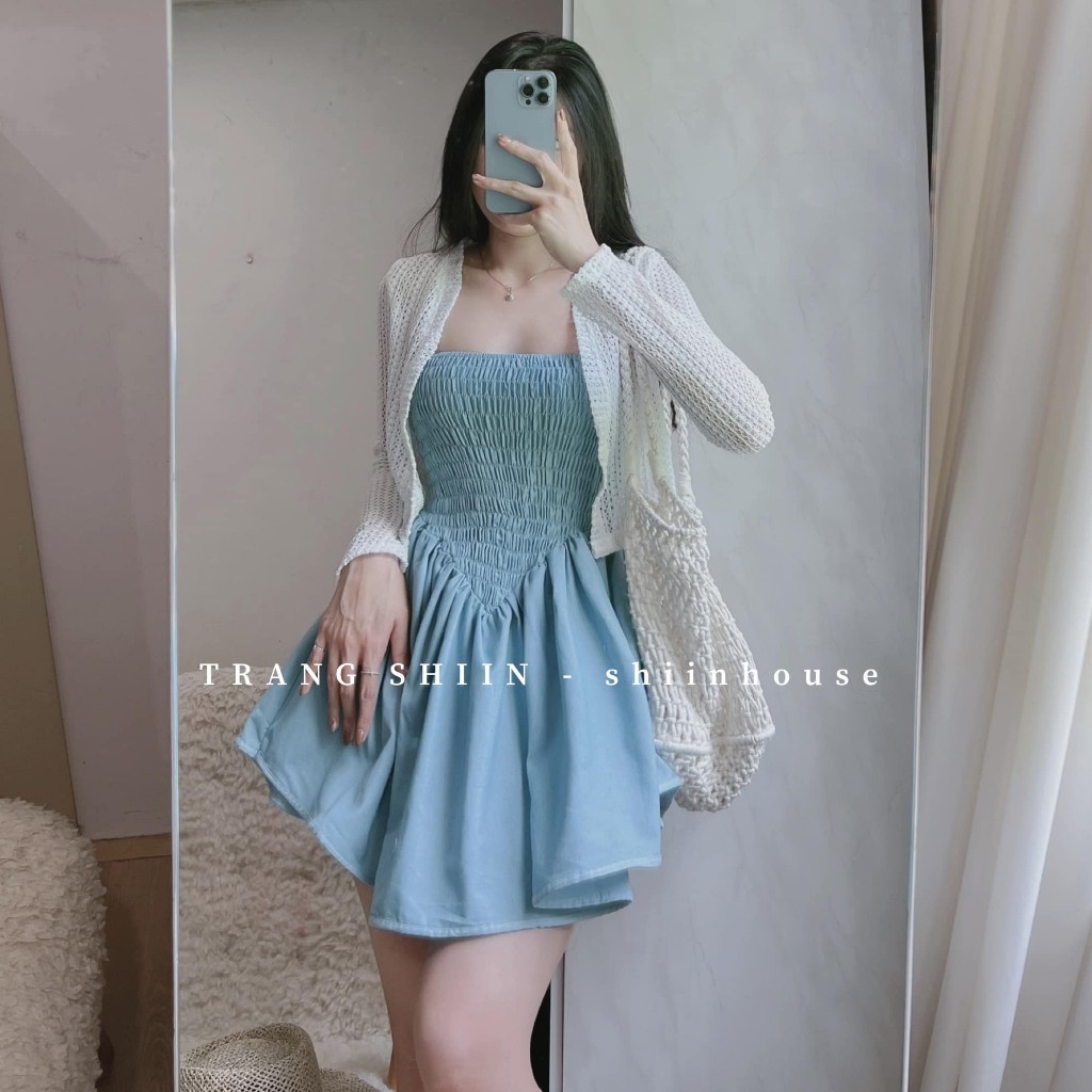 Set Bộ 2 Món: Váy 2 Dây Nhún Ngực Body Xòe + Áo Khoác Croptop Ren Với Tone Trắng - Xanh Xinh Xắn