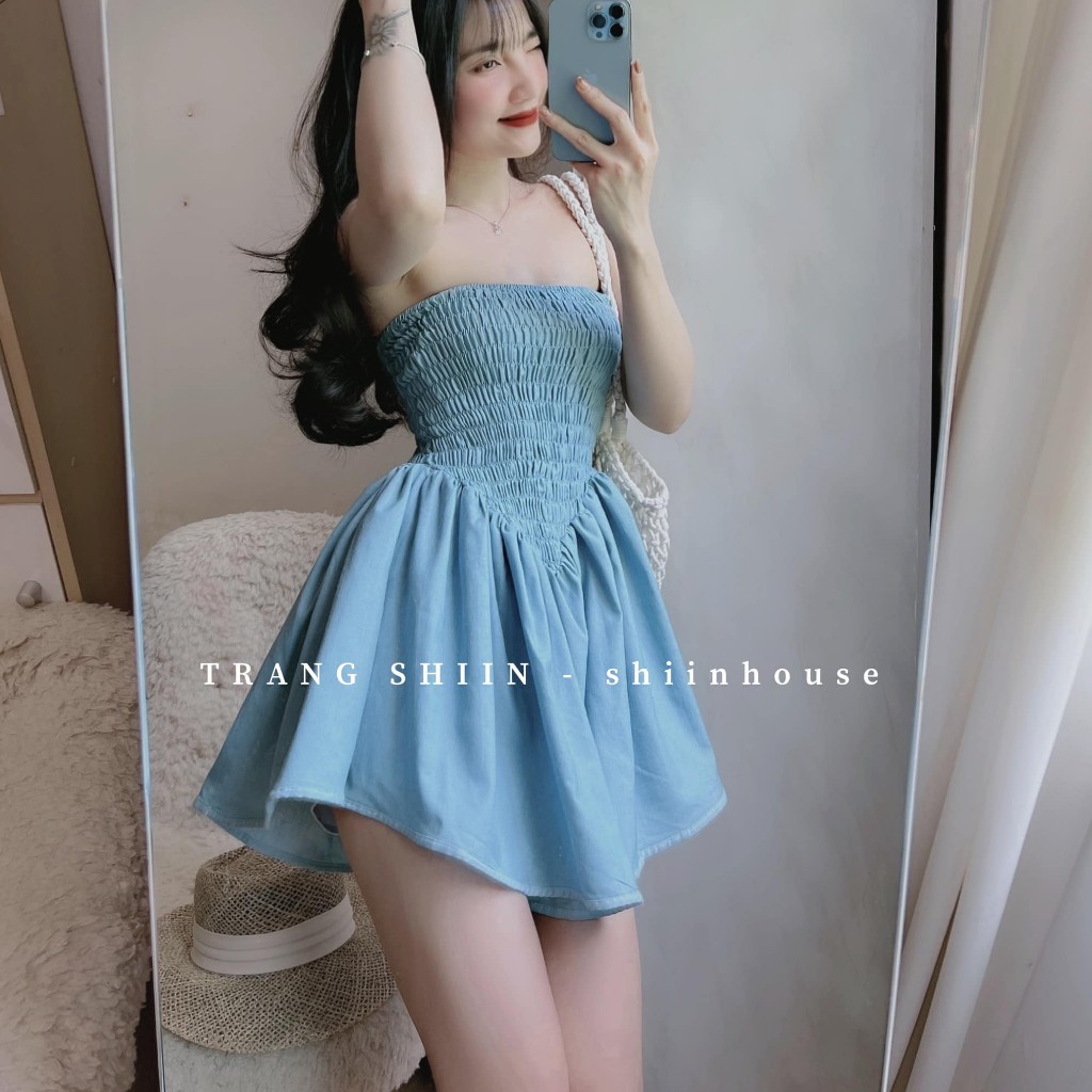 Set Bộ 2 Món: Váy 2 Dây Nhún Ngực Body Xòe + Áo Khoác Croptop Ren Với Tone Trắng - Xanh Xinh Xắn