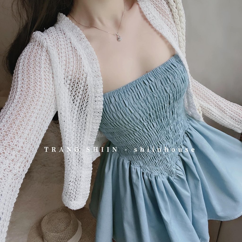 Set Bộ 2 Món: Váy 2 Dây Nhún Ngực Body Xòe + Áo Khoác Croptop Ren Với Tone Trắng - Xanh Xinh Xắn