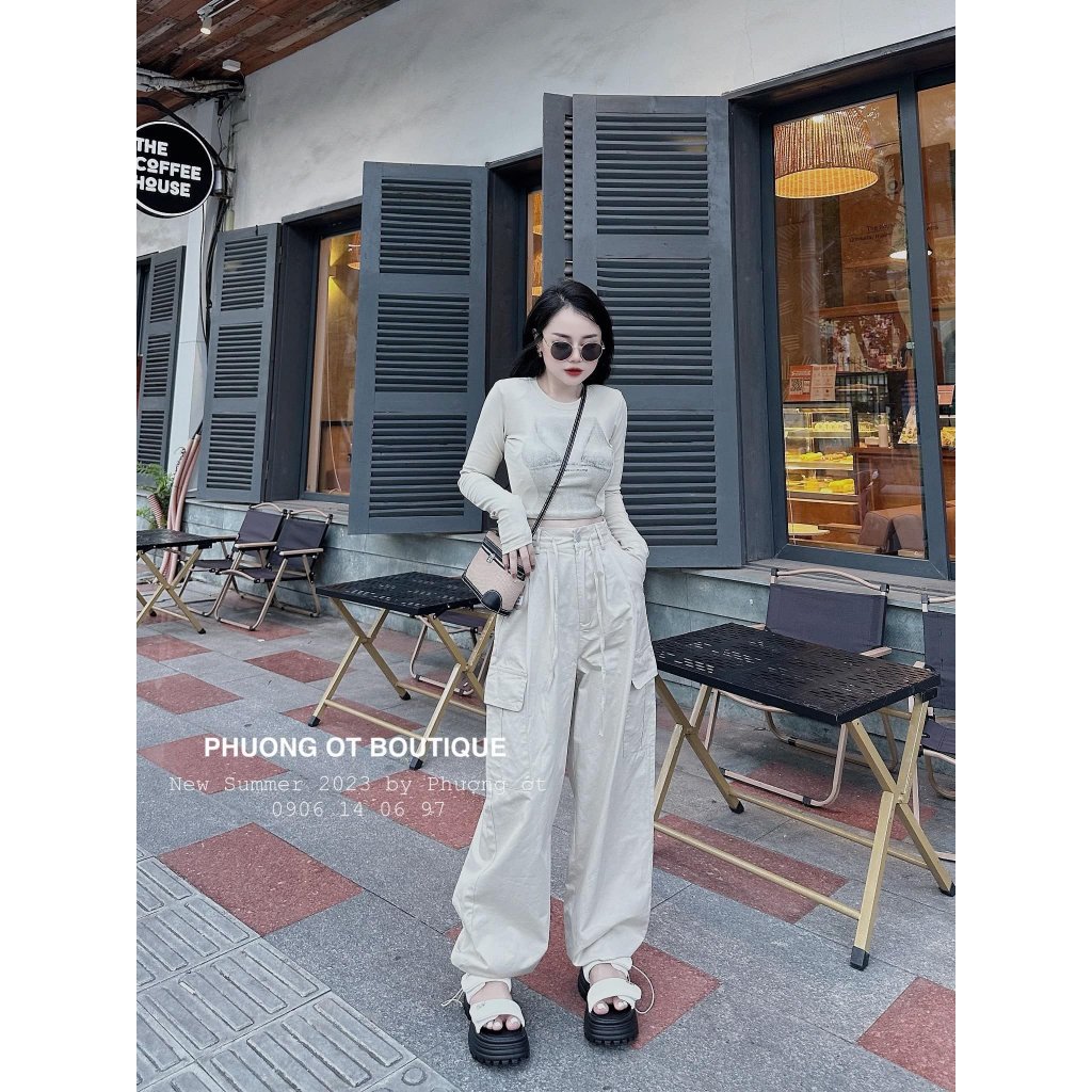 Set Bộ 2 Món: Áo Thun Trắng Croptop Dài Tay Họa Tiết Hình Siêu Hot + Quần Suông Túi Hộp Cá Tính, Xinh Xắn