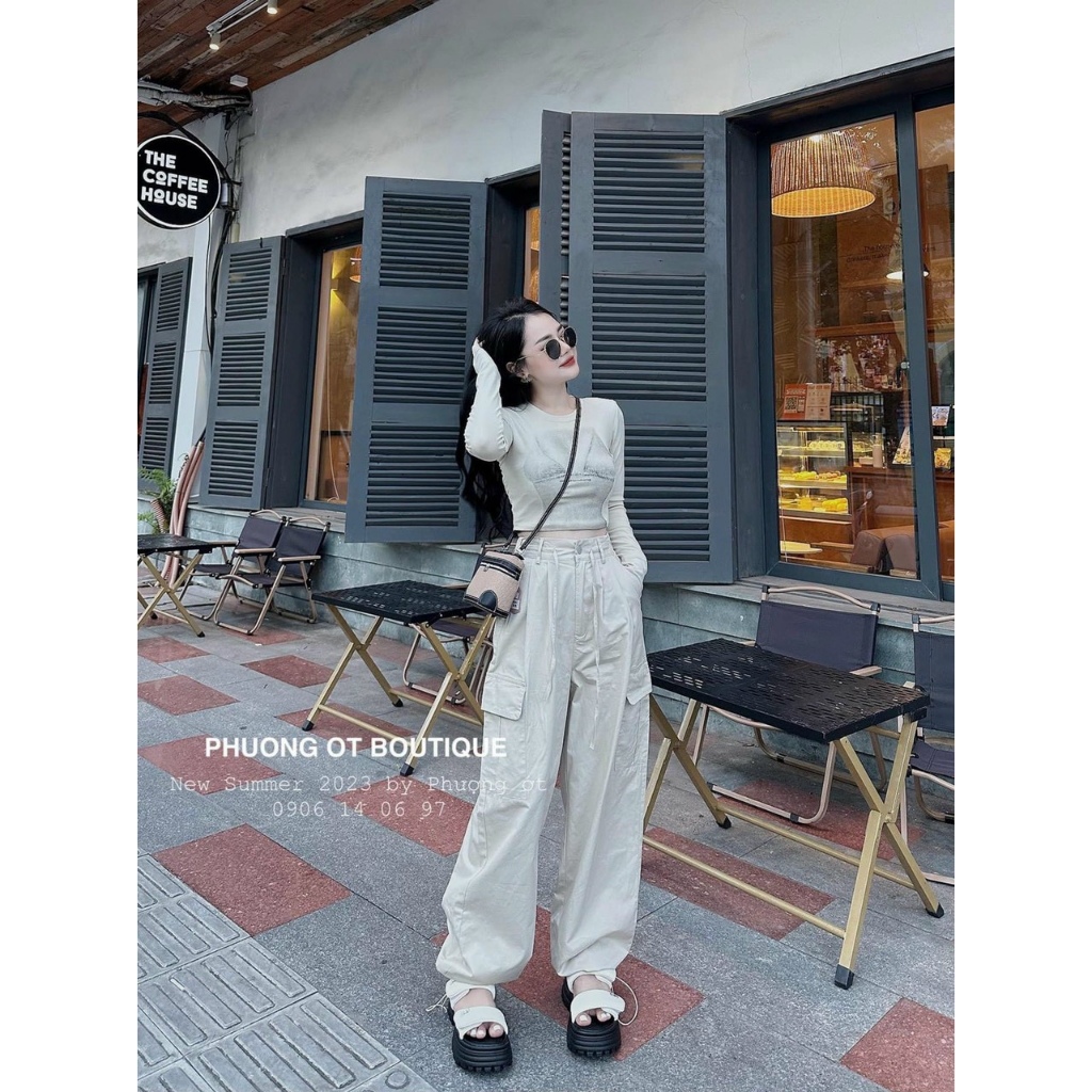 Set Bộ 2 Món: Áo Thun Trắng Croptop Dài Tay Họa Tiết Hình Siêu Hot + Quần Suông Túi Hộp Cá Tính, Xinh Xắn