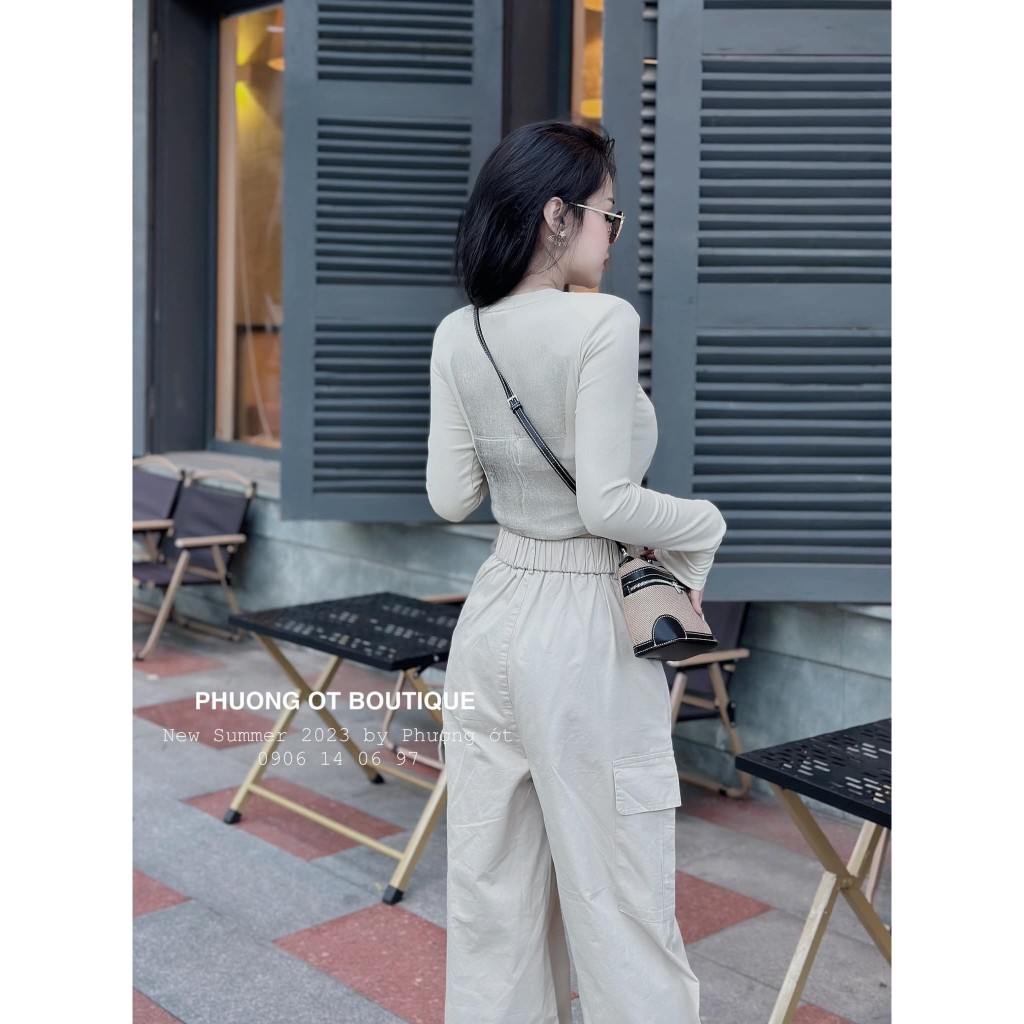 Set Bộ 2 Món: Áo Thun Trắng Croptop Dài Tay Họa Tiết Hình Siêu Hot + Quần Suông Túi Hộp Cá Tính, Xinh Xắn