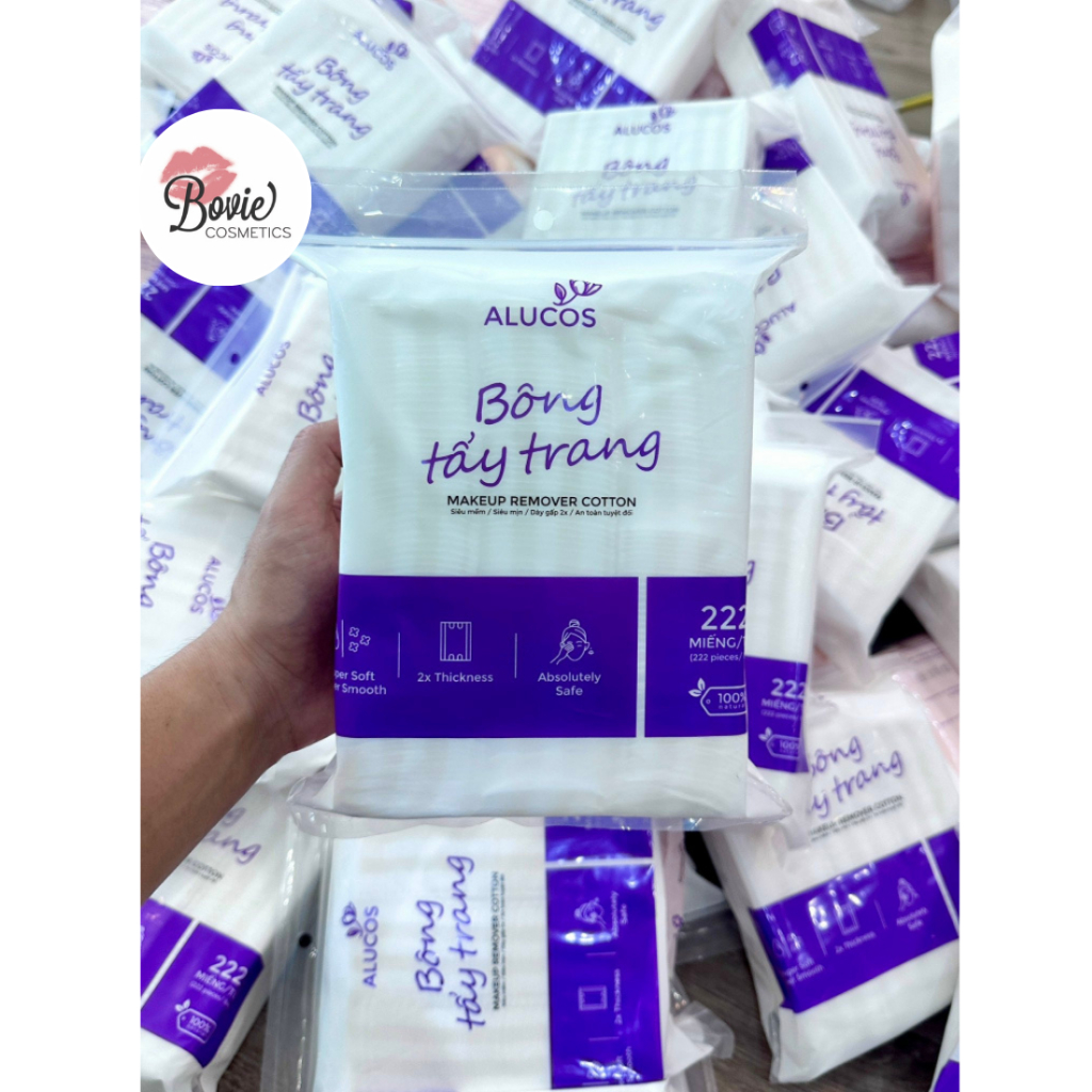 Bông tẩy trang ALUCOS siêu mềm mịn dạng túi vuông 222 miếng (xanh tím)
