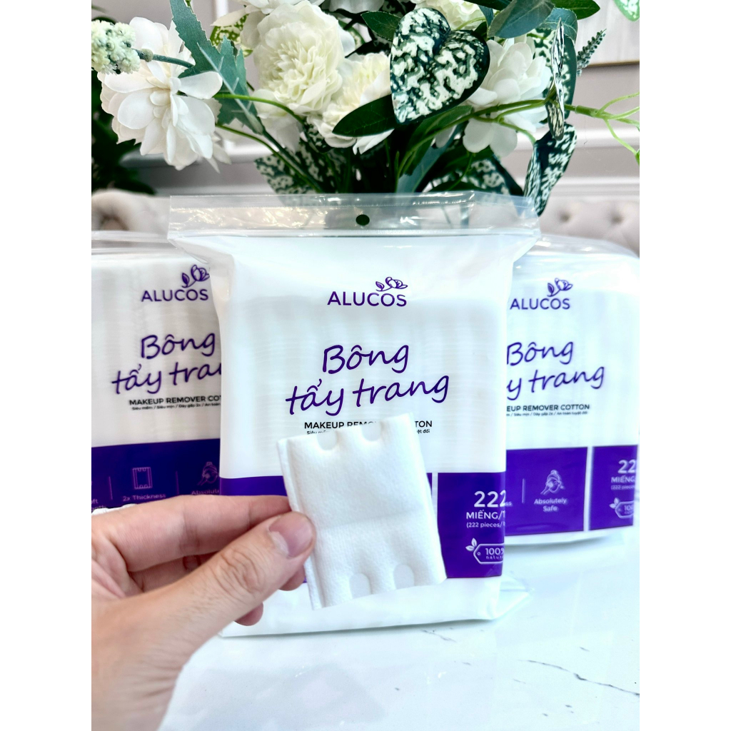 Bông tẩy trang ALUCOS siêu mềm mịn dạng túi vuông 222 miếng (xanh tím)