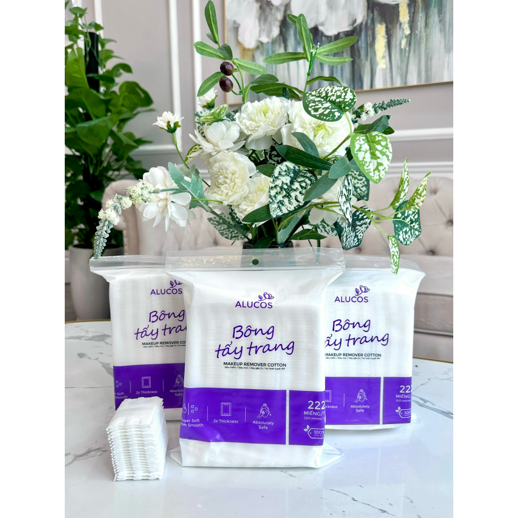 Bông tẩy trang ALUCOS siêu mềm mịn dạng túi vuông 222 miếng (xanh tím)