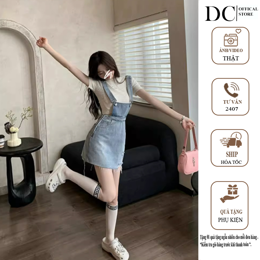Set yếm Váy Yếm Denim Ngắn Dáng Chữ a Lưng Cao Thắt Nơ Xinh Xắn Thời Trang Cho Nữ