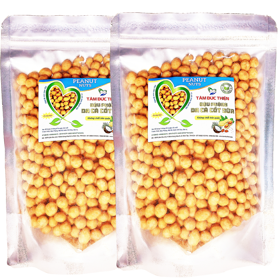 Combo 1KG: Đậu phộng da cá nước cốt dừa và đậu hà lan rang muối phô mai Tâm Đức Thiện 2 x Túi 500GR đồ ăn vặt