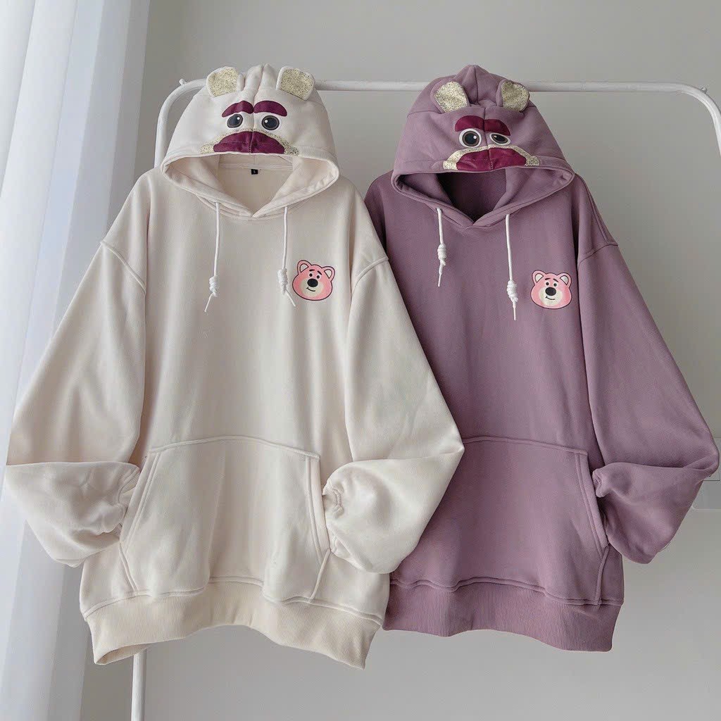 Áo Hoodie Khoác Nỉ in Logo Hoạt Hình Gấu Hồng Kèm Nón Có Tai Dễ Thương .TP