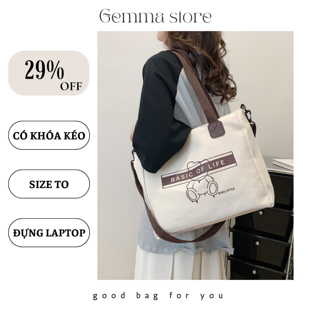 Túi tote túi vải canvas đeo vai BEAR trắng ngà size to đựng đồ sách vở A4 laptop đi học đi chơi vải bố Gemma Store
