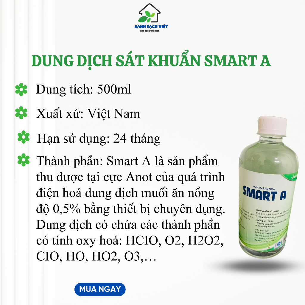 Dung dịch sát khuẩn Smart A nước muối súc miệng an toàn cho gia đình 500ml