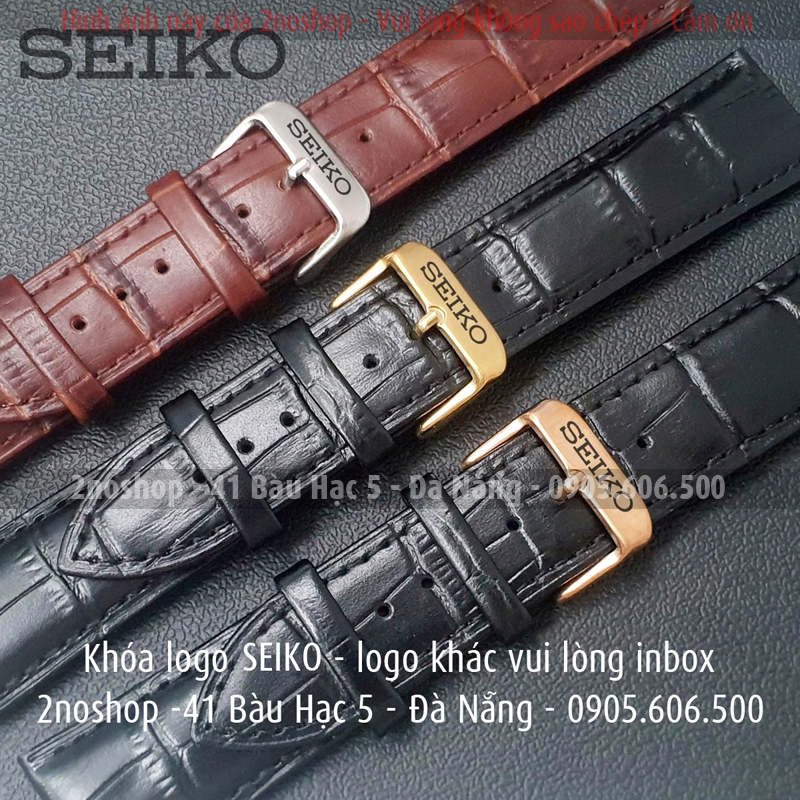 Dây đeo đồng hồ khóa kim logo SEIKO, da bò dập vân cá sấu, chống hút mồ hôi, khoá kim khắc logo theo yêu cầu - D1702